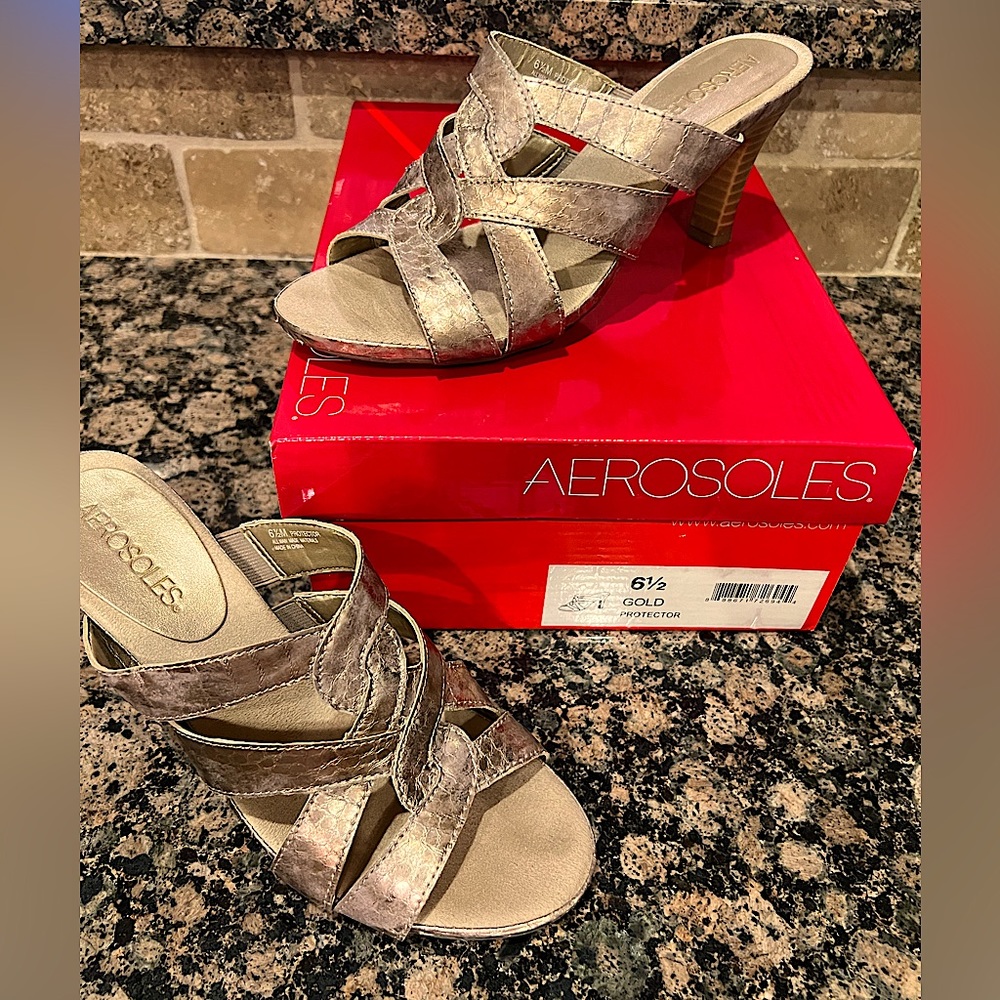 AEROSOLES Gold Metallic Slip On Heels